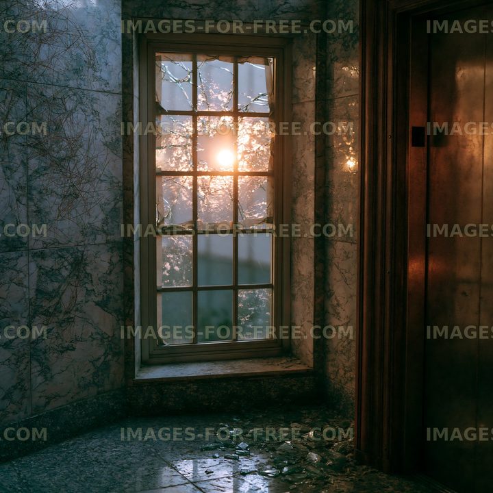 Sunlight shining through broken window in old building