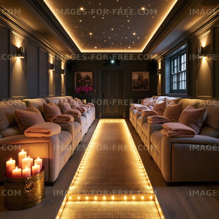 Cozy home theater with plush seating, soft lighting, and candles