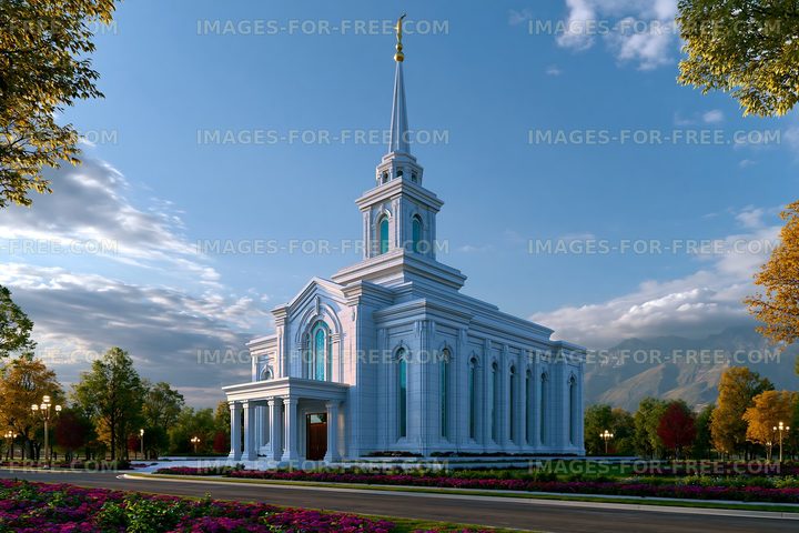 Modern church building with tall spire and clear blue sky