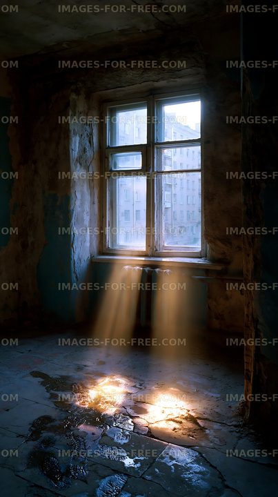 Light beams shine through window in abandoned building