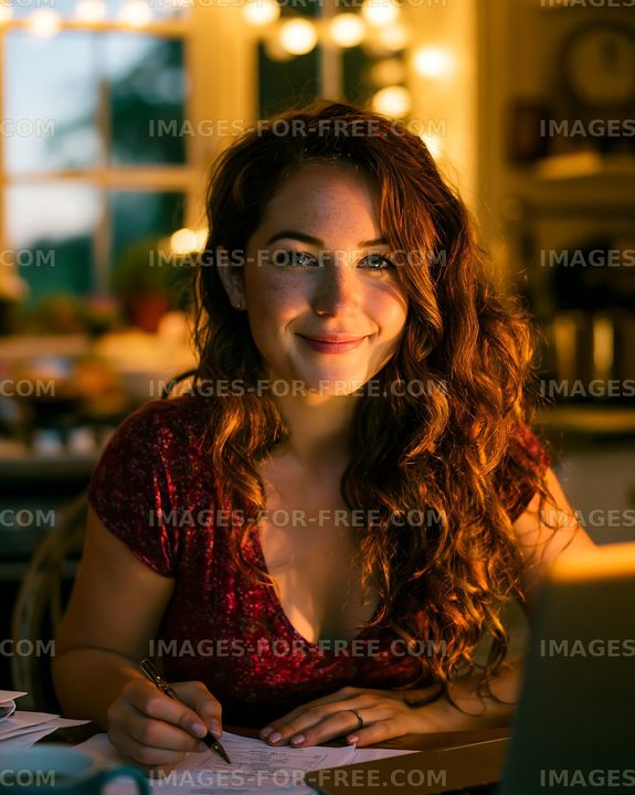 Woman working at a table with warm lights in the background