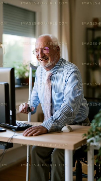 Elderly man using a computer at home with a cane nearby