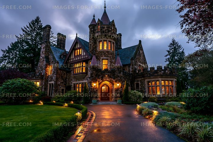 Historic castle with illuminated windows on a cloudy evening