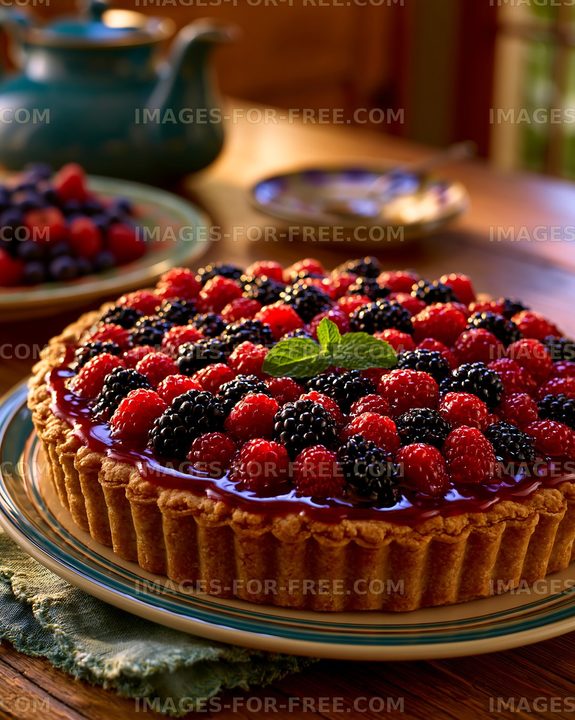 Berry tart on a wooden table with tea and berries in the background