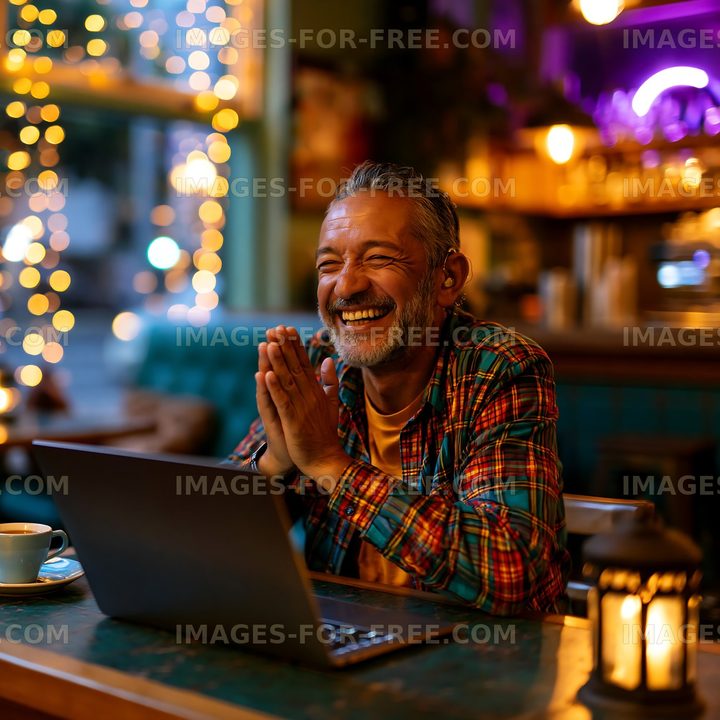 Man smiling while working on laptop in cafe with warm lighting