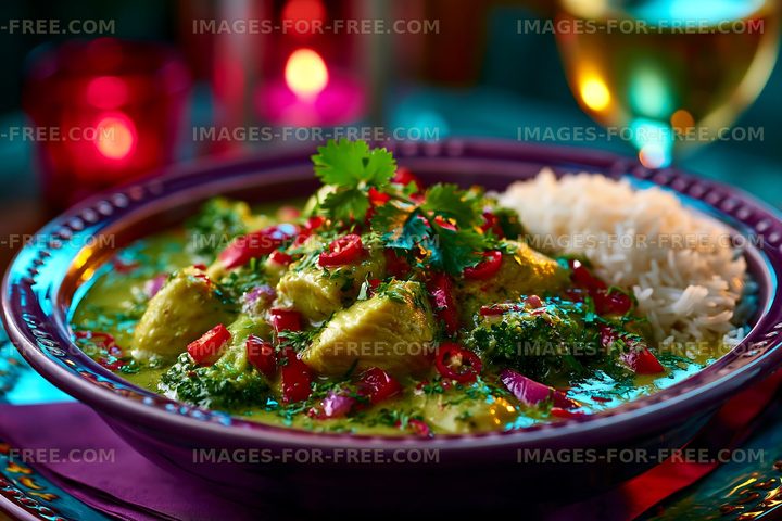 Colorful dish of chicken curry with rice and vegetables
