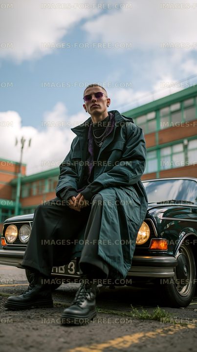 Youth in oversized coat sitting on classic car