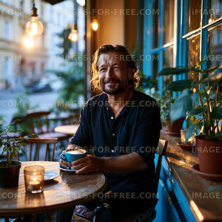 Man enjoying coffee at a cafe with plants and warm lighting