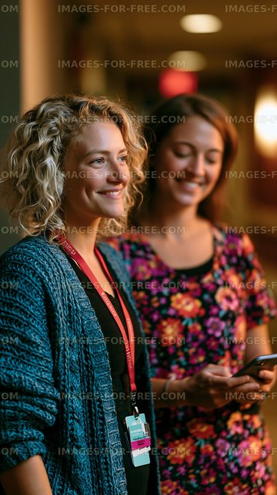 Two women standing in a corridor with smiles on their faces
