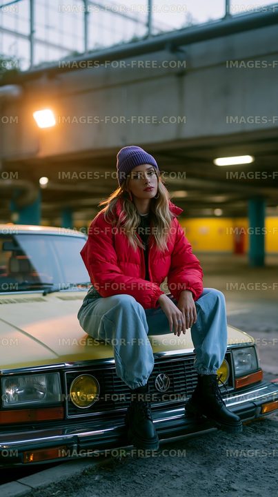 Girl sitting on a yellow car in a parking garage at night
