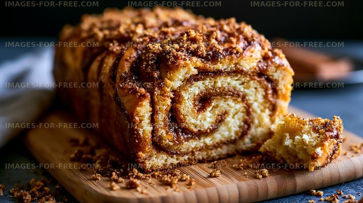 Freshly baked cinnamon roll loaf on wooden cutting board