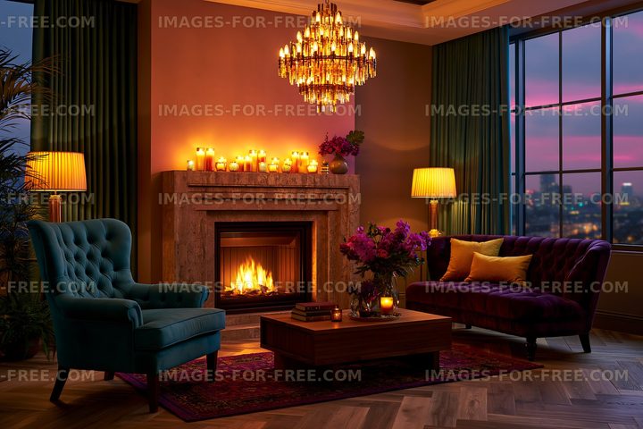 Cozy interior with fireplace and warm lighting at dusk