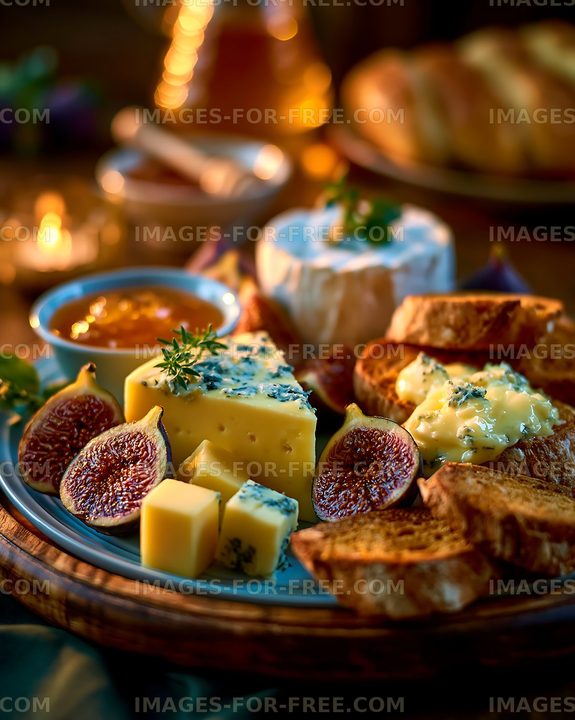 Cheese and bread platter with figs and jam on wooden table