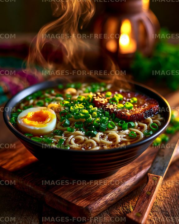 Freshly prepared ramen bowl with egg and green onions