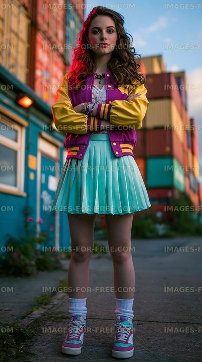 Young woman in a colorful outfit stands near shipping containers