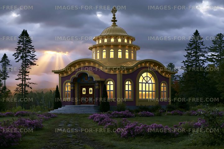 Golden dome building with large windows on a cloudy evening