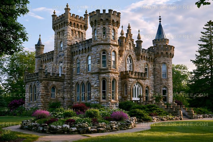 Historic stone castle surrounded by gardens during daylight