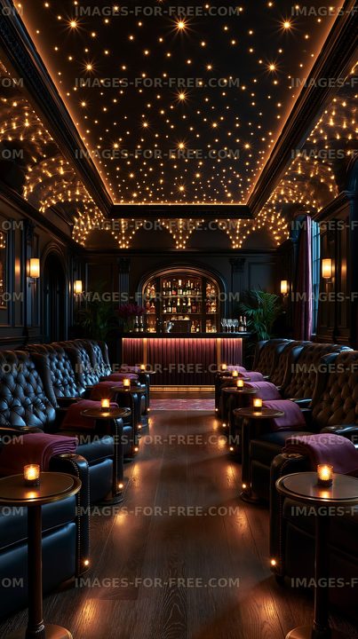 Cozy lounge with dim lighting and starry ceiling at night