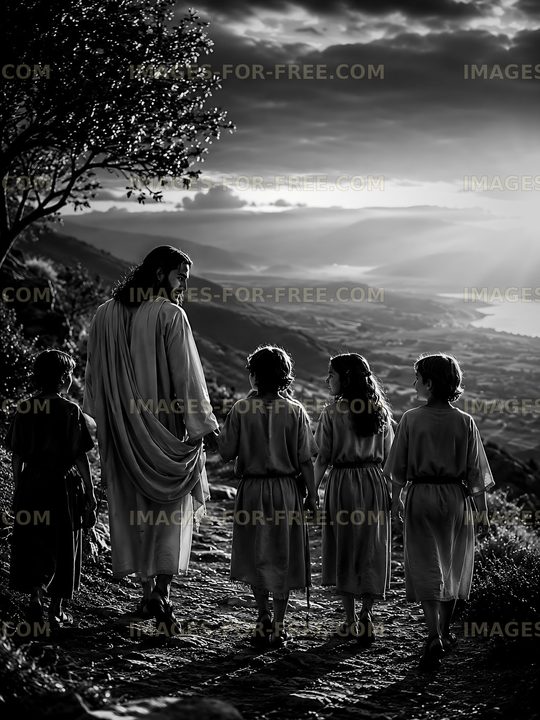 Jesus walking with children in a scenic landscape
