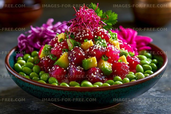 Colorful salad with avocado, radish, and sesame seeds in a bowl