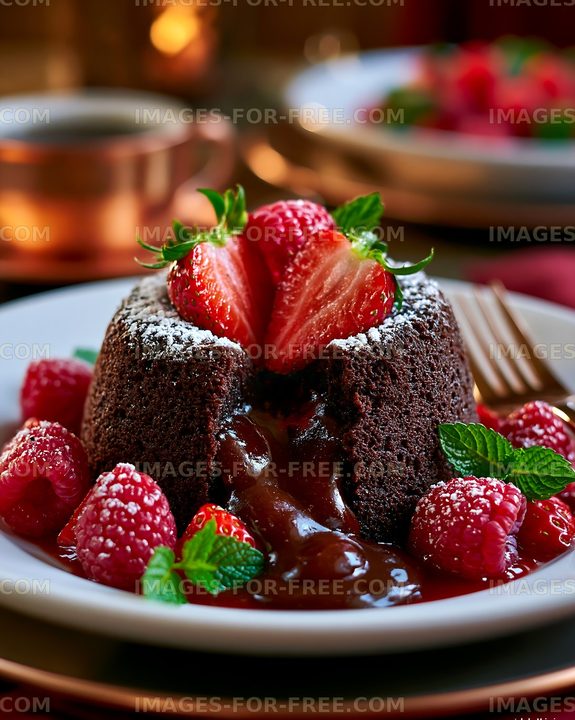 Chocolate dessert with fresh berries on a white plate