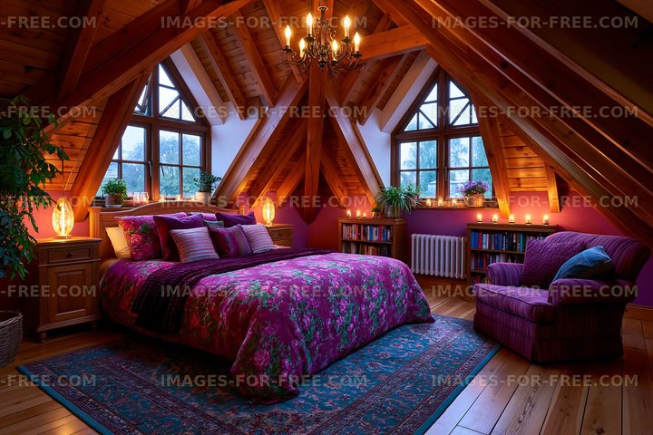 Cozy bedroom with wooden ceiling and purple decor in the evening