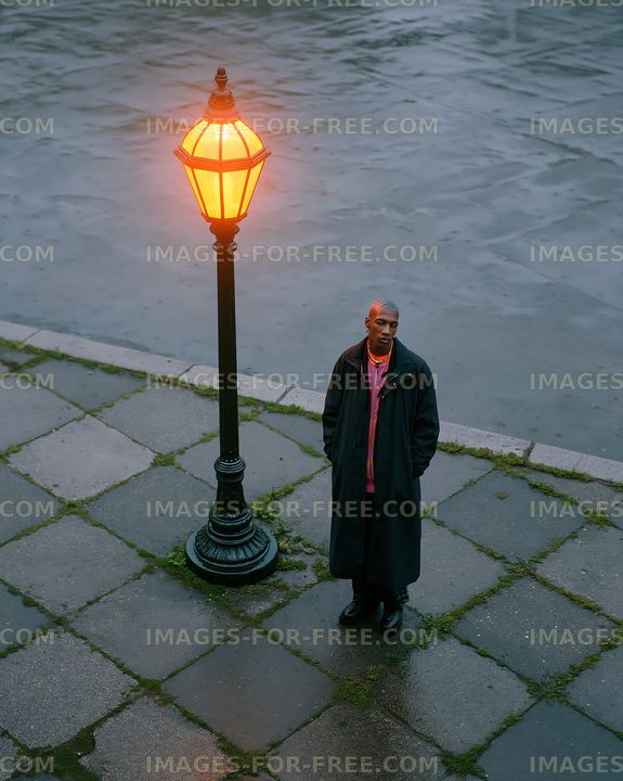 Man standing near a street lamp on a rainy evening