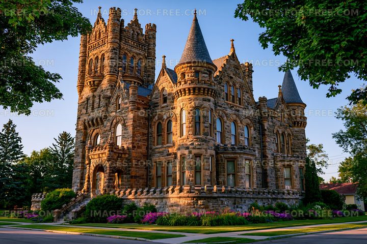 Historic castle with towers and stone walls in evening light