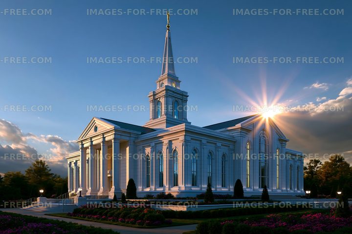 Sunset view of a church with a tall steeple and bright sky