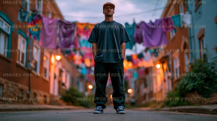 Man standing in a street with clothes hanging in the background