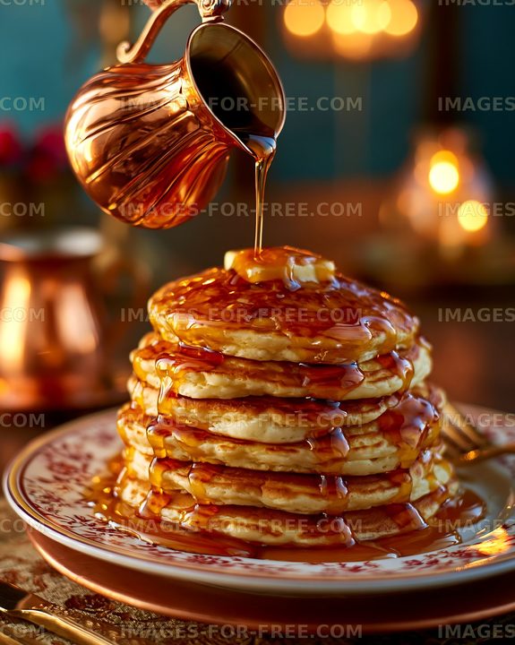 Stack of pancakes with syrup pouring over them