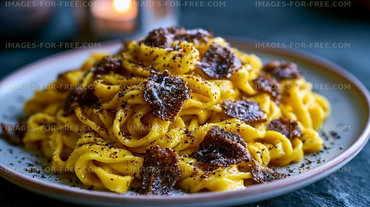 Pasta topped with black truffle and grated cheese