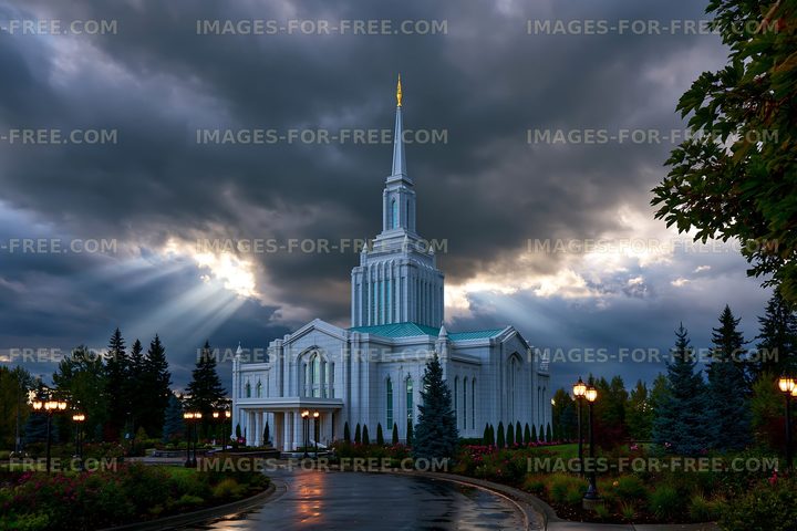 Cloudy sky over a tall white building with a spire and garden