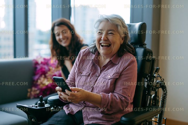 Smiling woman in wheelchair using phone with friend nearby