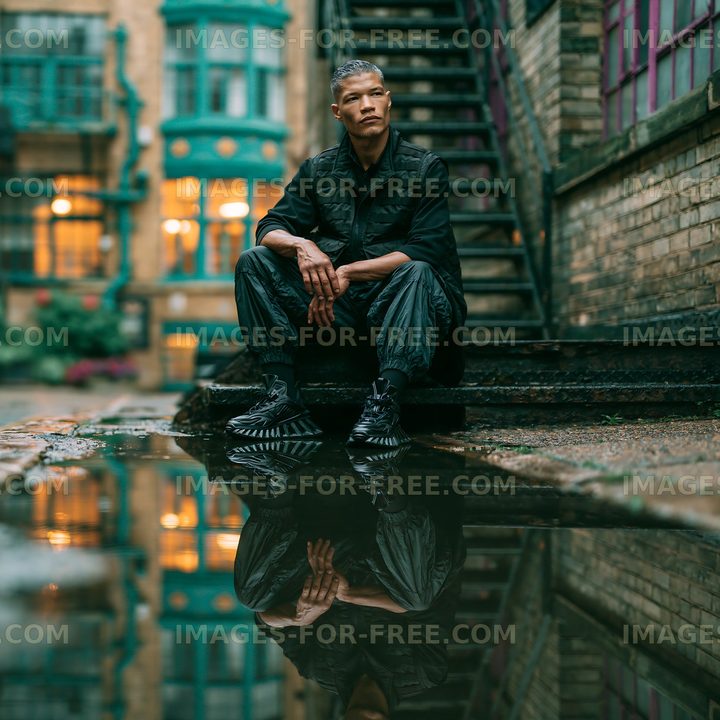 Man sitting by a puddle on a city street with green buildings