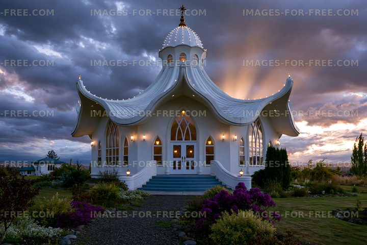 White chapel under dark clouds with lights shining from windows