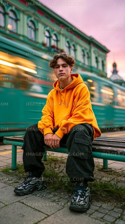 Young person sitting on a bench with a tram in the background