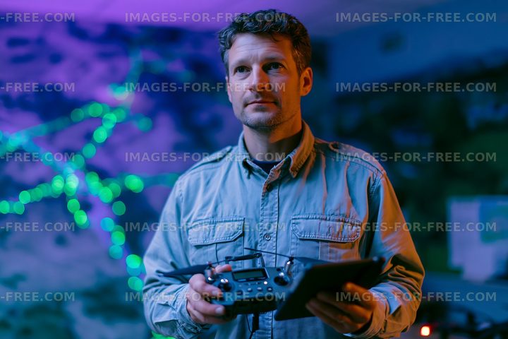 Man holding drone controller in a dimly lit space