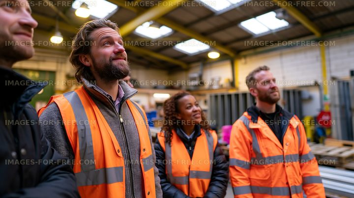 Workers observing a presentation in a warehouse setting