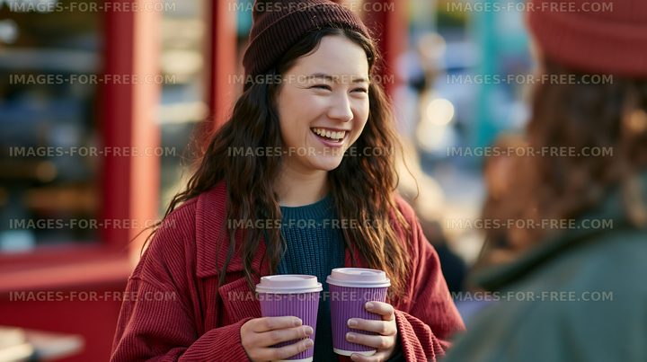 Smiling woman holding coffee cups in busy street