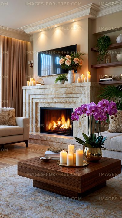 Cozy living room with fireplace and candles in modern decor