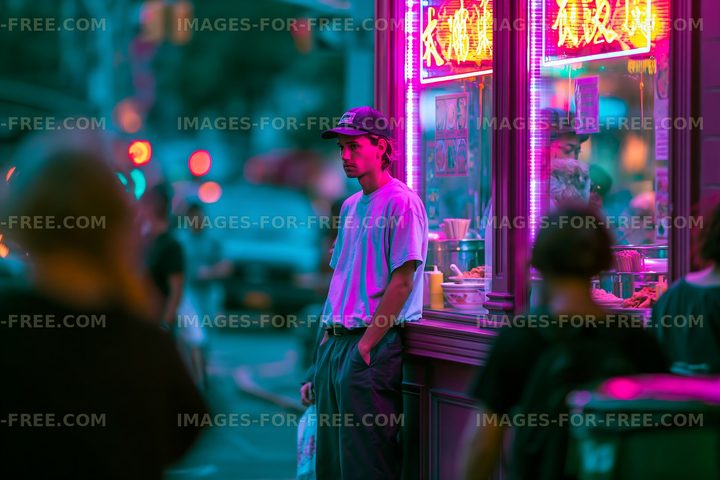 Night scene at a colorful food stand in the city