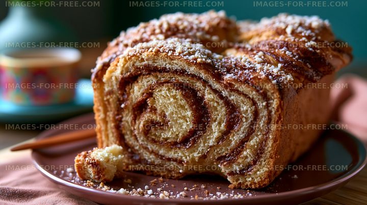 Freshly baked cinnamon swirl bread on a table with coffee