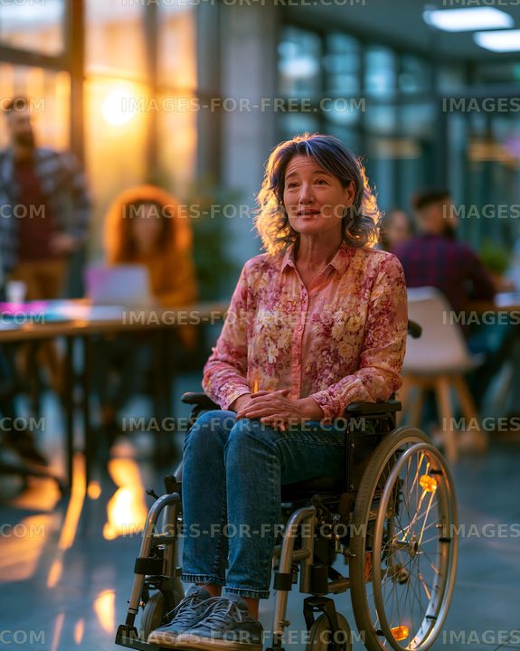 Woman in wheelchair smiles in a bright modern office setting