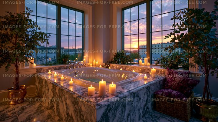 Relaxing bath area with candles and sunset view