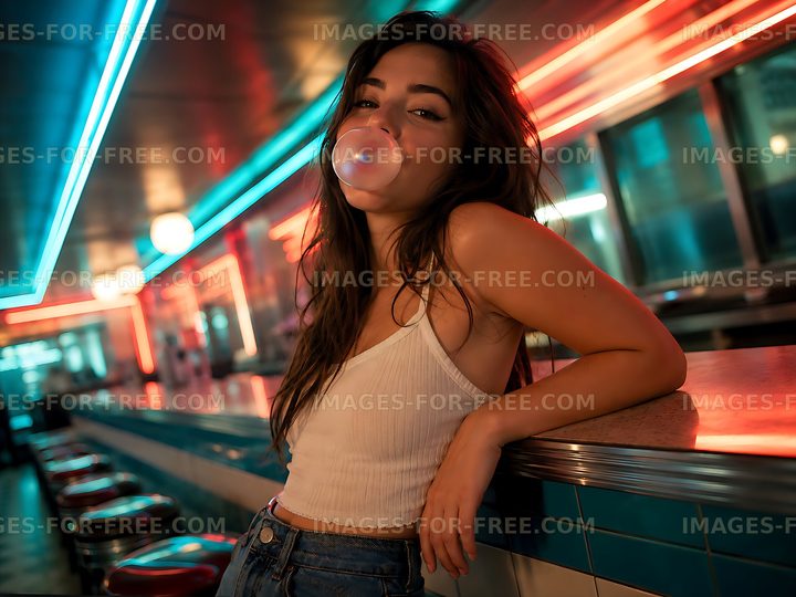 Woman blowing bubble gum in a diner with neon lights