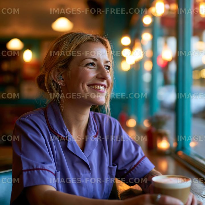 Smiling woman sitting near window in a cafe with coffee