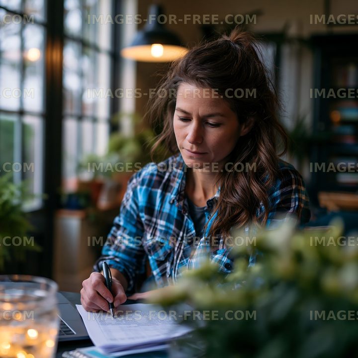 Woman writing notes at a desk surrounded by plants in a cozy setting