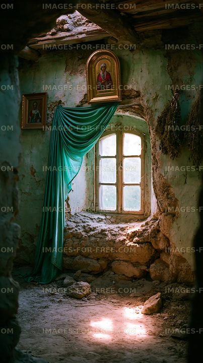 Old room with window and drapery in abandoned building