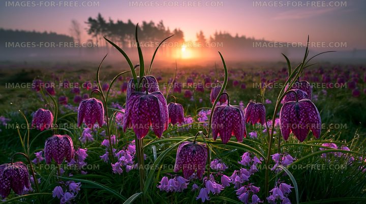 Sunrise over a field of flowers with mist and trees in background